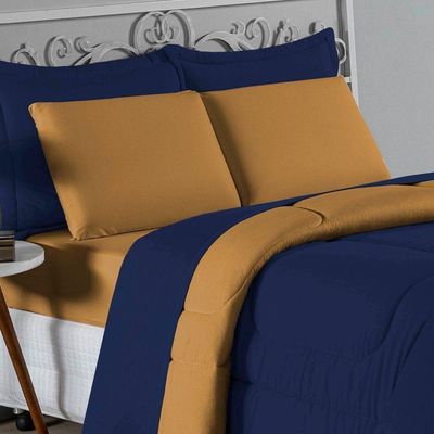 Kit Edredom Dupla Face + Jogo De Lençol Casal Nobre 7 Peças Malha 100% Algodão - Azul-marinho / Cobre