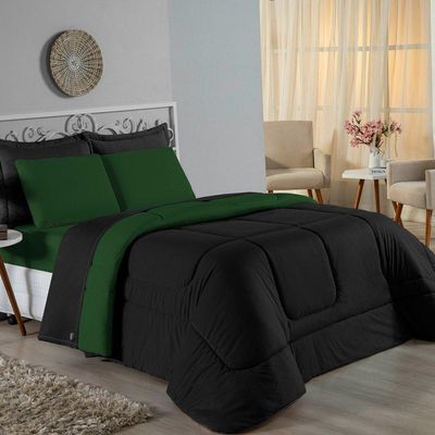 Edredom Solteiro Nobre 1 Peça Dupla Face 1,60m X 2,40m Malha 100% Algodão - Preto / Verde-bandeira