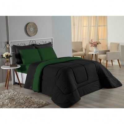 Edredom Solteiro Nobre 1 Peça Dupla Face 1,60m X 2,40m Malha 100% Algodão - Preto / Verde-bandeira