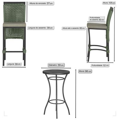 Mesa Bistrô E 4 Banquetas Roma Preta Corda Estofado 8 Trama Verde