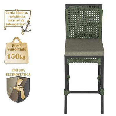 Mesa Bistrô E 4 Banquetas Roma Preta Corda Estofado 8 Trama Verde