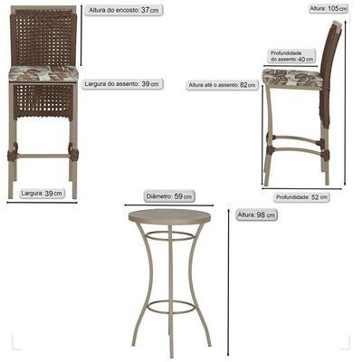 Mesa Bistrô E 4 Banquetas Roma Fendi Corda Estofado 6 Trama Marrom