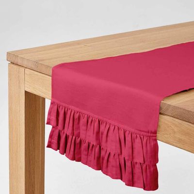 Caminho de Mesa Rosa Liso com Babados Duplos para Decoração de Casa, Casamento, Festa e Feriado - Vargottam 35,56 Cm (L) × 182,88 Cm (C) / Rosa