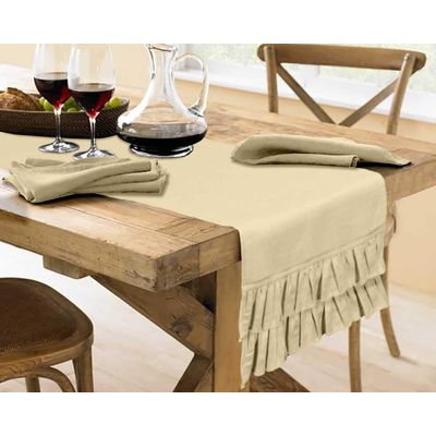 Caminho de Mesa Bege Liso Para Decoração de Cozinha e Casa com Duplo Babado - Vargottam 35,56 Cm (L) × 182,88 Cm (C) / Bege