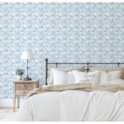 Papel de Parede Pássaro Azul e Galho, Vinil Autoadesivo, Aplicação Fácil Faça Você Mesmo para Quarto Infantil e Brinquedoteca - S4Sassy 63,5 cm (L) × 914,4 cm (C) / Azul - Vinil Liso