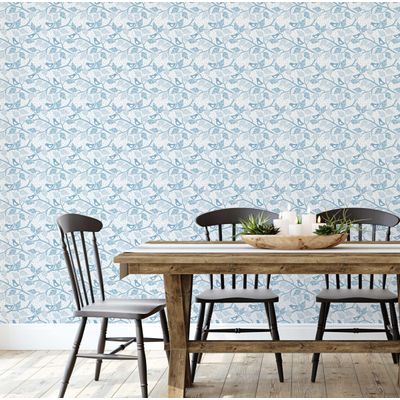 Papel de Parede Pássaro Azul e Galho, Vinil Autoadesivo, Aplicação Fácil Faça Você Mesmo para Quarto Infantil e Brinquedoteca - S4Sassy 63,5 cm (L) × 914,4 cm (C) / Azul - Vinil Liso