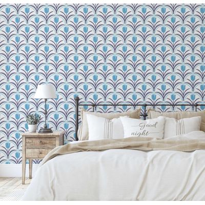 Papel de Parede Vinílico Autocolante, Arco de Tulipa Chique, Impermeável, Azul, para Quartos, Espaços Alugados e Armários - S4Sassy 63,5 cm (L) × 152,4 cm (C) / Azul - Vinil Liso