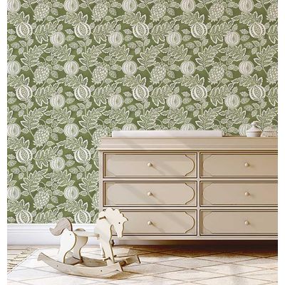 Papel de Parede Botânico Romã Verde Autoadesivo em Vinil, Revestimento Fácil DIY para Quarto Estilo Fazenda, Armários e Ambientes - S4Sassy 63,5 cm (L) × 304,8 cm (C) / Verde - Vinil Liso