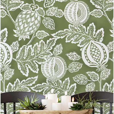 Papel de Parede Botânico Romã Verde Autoadesivo em Vinil, Revestimento Fácil DIY para Quarto Estilo Fazenda, Armários e Ambientes - S4Sassy 63,5 cm (L) × 304,8 cm (C) / Verde - Vinil Liso