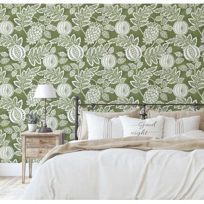 Papel de Parede Botânico Romã Verde Autoadesivo em Vinil, Revestimento Fácil DIY para Quarto Estilo Fazenda, Armários e Ambientes - S4Sassy 63,5 cm (L) × 304,8 cm (C) / Verde - Vinil Liso