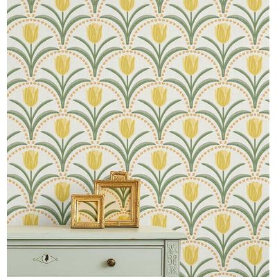 Papel de Parede Vinílico Autoadesivo Impermeável, Estampa Arco Tulipas Chic - Amarelo, para Quartos, Locais de Aluguel e Armários - S4Sassy 63,5 cm (L) × 914,4 cm (C) / Amarelo - Vinil Liso