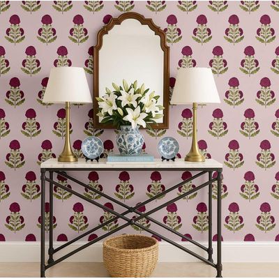 Revestimento Vinílico Autoadesivo com Botões Florais Rosa, Mural de Parede Estilo Asiático para Banheiro, Lavanderia e Closet - S4Sassy 63,5 cm (L) × 304,8 cm (C) / Rosa - Vinil Texturizado