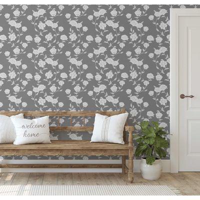 Papel de Parede Autoadesivo Decorativo Trepadeira de Rosas Bege/Cinza, Vinílico Impermeável Removível, para Quarto, Sala e Jantar - S4sassy 63,5 cm (L) × 152,4 cm (C) / Cinza - Vinil Liso