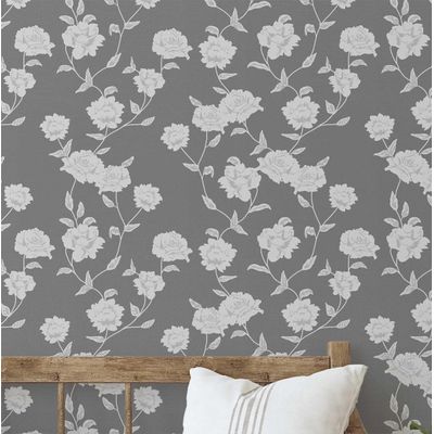 Papel de Parede Autoadesivo Decorativo Trepadeira de Rosas Bege/Cinza, Vinílico Impermeável Removível, para Quarto, Sala e Jantar - S4sassy 63,5 cm (L) × 152,4 cm (C) / Cinza - Vinil Liso