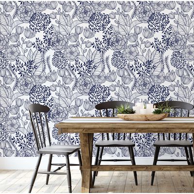 Papel de Parede Autoadesivo Jardim Floral Removível Azul, Mural Instantâneo para Quarto, Banheiro, Lavanderia, Interior de Closet - S4Sassy 63,5 cm (L) × 609,6 cm (C) / Azul - Vinil Liso