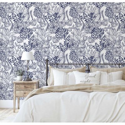 Papel de Parede Autoadesivo Jardim Floral Removível Azul, Mural Instantâneo para Quarto, Banheiro, Lavanderia, Interior de Closet - S4Sassy 63,5 cm (L) × 609,6 cm (C) / Azul - Vinil Liso