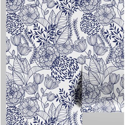 Papel de Parede Autoadesivo Jardim Floral Removível Azul, Mural Instantâneo para Quarto, Banheiro, Lavanderia, Interior de Closet - S4Sassy 63,5 cm (L) × 609,6 cm (C) / Azul - Vinil Liso