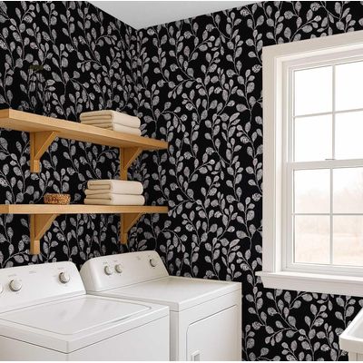 Papel de Parede Autoadesivo Decorativo Folhagem Plumada Vinílico Impermeável Preto Removível, para Inquilinos, Quarto e Jantar - S4Sassy 63,5 cm (L) × 914,4 cm (C) / Preto - Vinil Liso