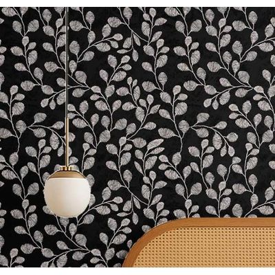 Papel de Parede Autoadesivo Decorativo Folhagem Plumada Vinílico Impermeável Preto Removível, para Inquilinos, Quarto e Jantar - S4Sassy 63,5 cm (L) × 914,4 cm (C) / Preto - Vinil Liso
