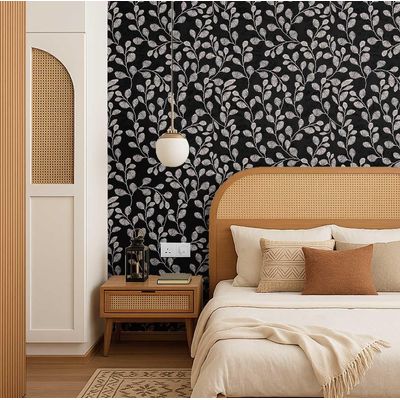 Papel de Parede Autoadesivo Decorativo Folhagem Plumada Vinílico Impermeável Preto Removível, para Inquilinos, Quarto e Jantar - S4Sassy 63,5 cm (L) × 914,4 cm (C) / Preto - Vinil Liso
