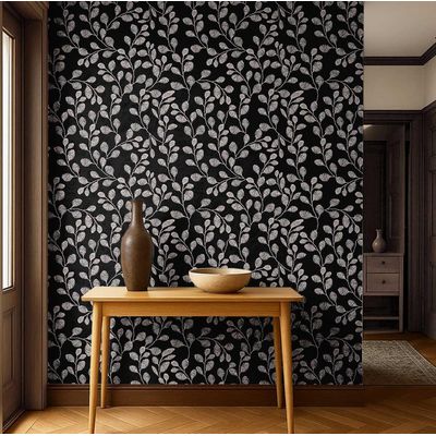 Papel de Parede Autoadesivo Decorativo Folhagem Plumada Vinílico Impermeável Preto Removível, para Inquilinos, Quarto e Jantar - S4Sassy 63,5 cm (L) × 914,4 cm (C) / Preto - Vinil Liso