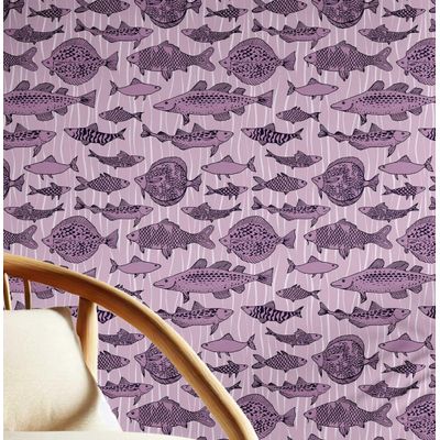 Papel de Parede Vinílico Autoadesivo Mosaico de Peixes do Oceano Roxo Removível para Banheiro, Lavanderia e Closet - S4Sassy 63,5 cm (L) × 609,6 cm (C) / Roxo - Vinil Texturizado