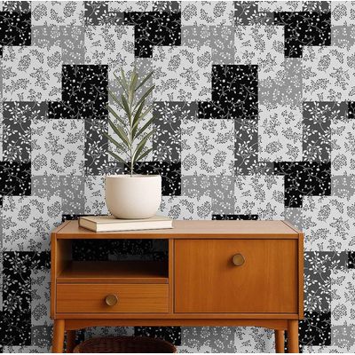 Papel de Parede Autoadesivo Vinílico Estampa Folha Patch Estilo Asiático, Revestimento Decorativo Fácil DIY para Quarto e Sala - S4Sassy 63,5 cm (L) × 304,8 cm (C) / Preto - Vinil Texturizado