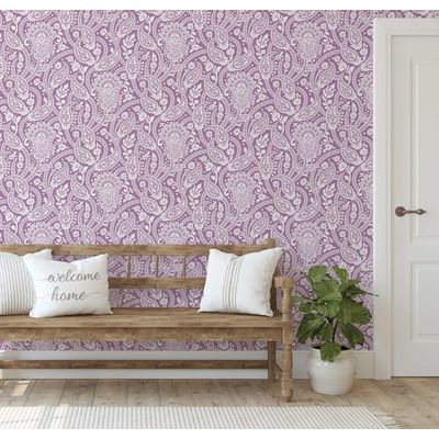 Papel de Parede Floral Paisley Estilo Asiático, Vinil Autoadesivo Decorativo, Fácil Aplicação para Quarto e Sala, Rosa - S4Sassy 63,5 cm (L) × 152,4 cm (C) / Rosa - Vinil Texturizado