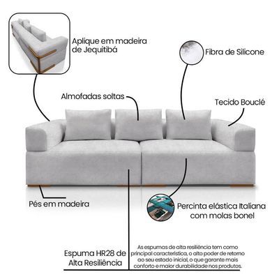 Sofá 4 Lugares 2,80m Em Tecido Bouclé Com Aplique Em Madeira – Scott Lucadi Cinza