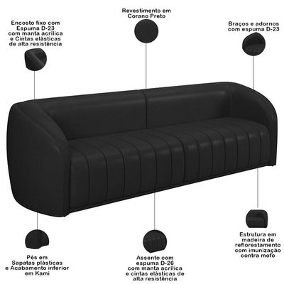 Kit Sofá 4 Lugares Para Sala 292cm Com 01 Poltrona Lazio M03 Corano Preto - Lyam Decor