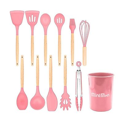 Kit Cozinha Completo 12 Peças Silicone Rosa Cabo De Madeira