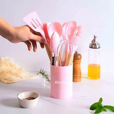Kit Cozinha Completo 12 Peças Silicone Rosa Cabo De Madeira