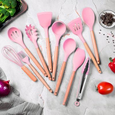 Kit Cozinha Completo 12 Peças Silicone Rosa Cabo De Madeira