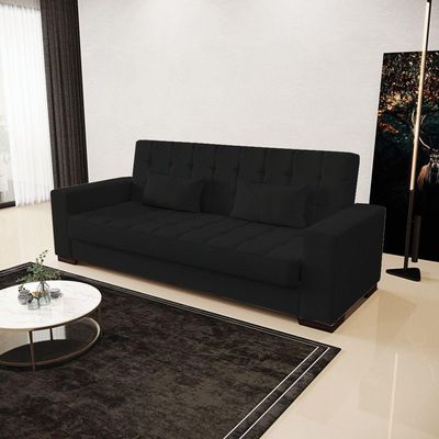 Sofá Cama 02 Lugares Linho Preto A79 Pés De Madeira