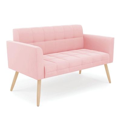 Kit 1 Sofá Namoradeira E 2 Poltronas Elisa Suede Rosa Bebê Pés Palito Natural - D'rossi