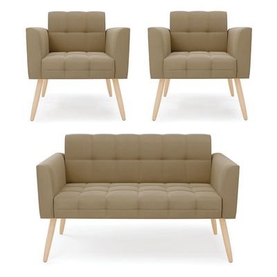 Kit 1 Sofá Namoradeira E 2 Poltronas Elisa Suede Pés Palito Natural - D'rossi Cor Marrom Rato
