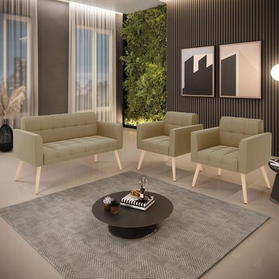 Kit 1 Sofá Namoradeira E 2 Poltronas Elisa Suede Pés Palito Natural - D'rossi Cor Marrom Rato