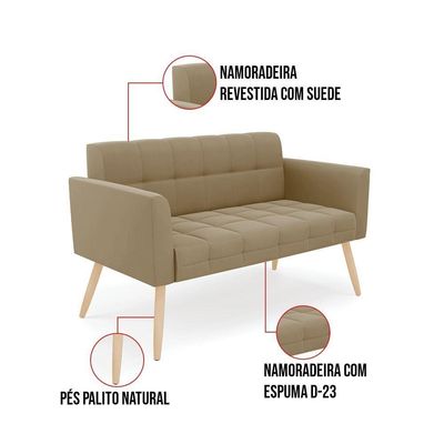Kit 1 Sofá Namoradeira E 2 Poltronas Elisa Suede Pés Palito Natural - D'rossi Cor Marrom Rato