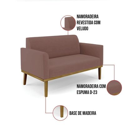 Sofá Namoradeira Com 2 Poltronas Base De Madeira Fixa Castanho Marisa Veludo Rosê D03 - D?rossi