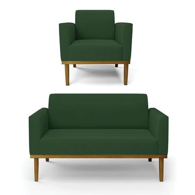 Sofá Namoradeira Com Poltrona Base De Madeira Fixa Castanho Marisa Veludo D03 - D?rossi Cor Verde