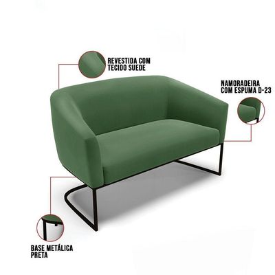 Sofá Namoradeira E 2 Poltronas Base Industrial Preto Stella Suede D03 - D'rossi Cor Verde