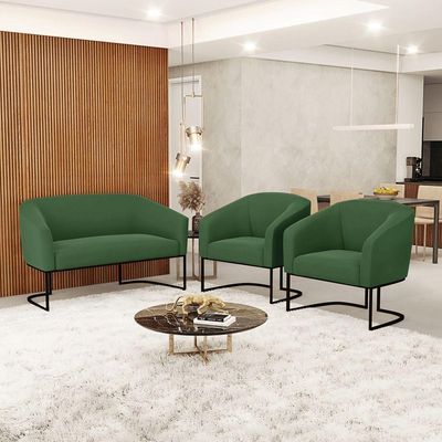 Sofá Namoradeira E 2 Poltronas Base Industrial Preto Stella Suede D03 - D'rossi Cor Verde
