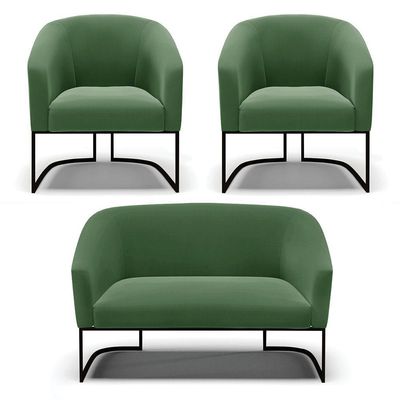 Sofá Namoradeira E 2 Poltronas Base Industrial Preto Stella Suede D03 - D'rossi Cor Verde