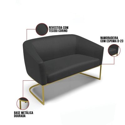 Sofá Namoradeira E 2 Poltronas Base Industrial Dourado Stella Corino D03 - D'rossi Cor Preto