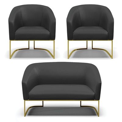Sofá Namoradeira E 2 Poltronas Base Industrial Dourado Stella Corino D03 - D'rossi Cor Preto