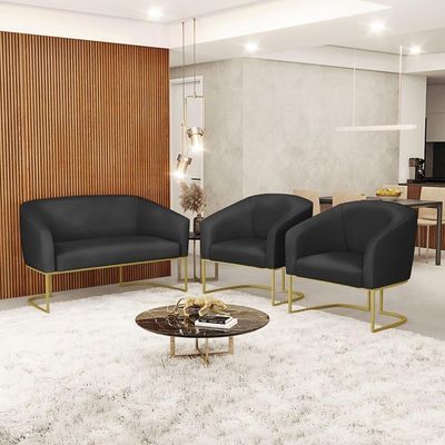 Sofá Namoradeira E 2 Poltronas Base Industrial Dourado Stella Corino D03 - D'rossi Cor Preto