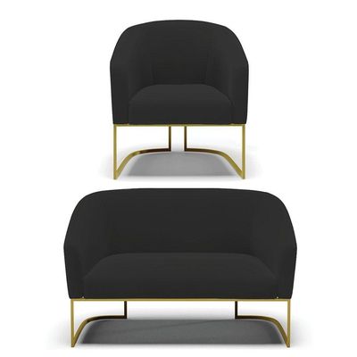 Sofá Namoradeira E Poltrona Base Industrial Dourado Stella Veludo D03 - D'rossi Cor Preto