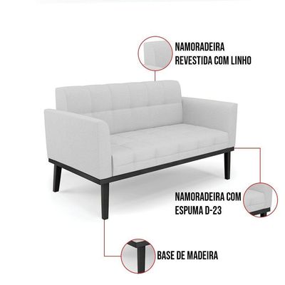 Sofá Namoradeira E Poltrona Base De Madeira Preto Elisa Linho D03 - D'rossi Cor A05 Cinza