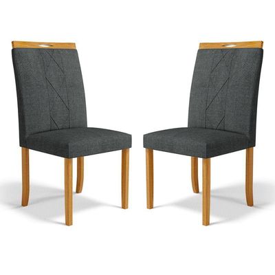 Kit Com 2 Cadeiras Ana Madeira Maciça Estofadas Para Mesa De Jantar Linho Chumbo 406