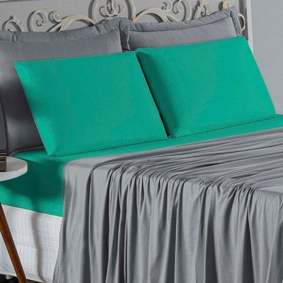 Jogo De Cama Casal Viúva Nobre 4 Peças Malha 100% Algodão - Cinza / Jade